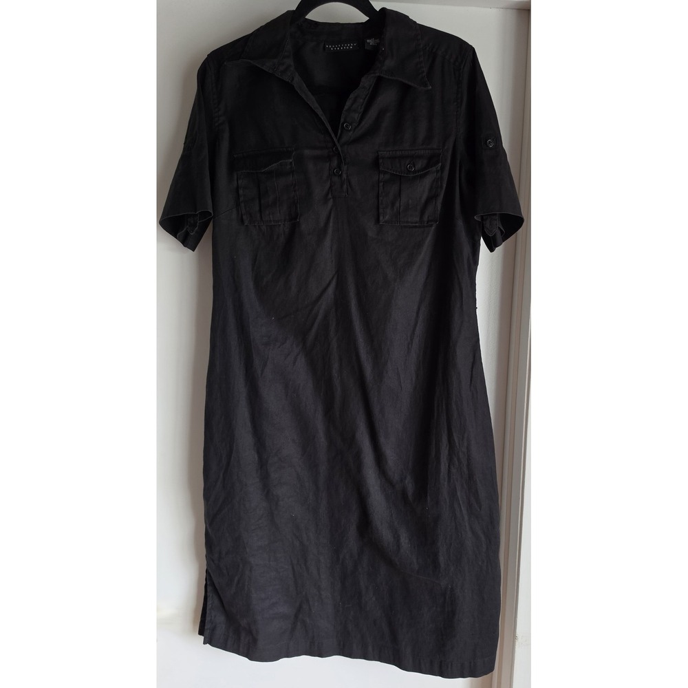 Apostrophe Stretch Shirt Dress Women 12 Black Solid Collared Short Sleeve Linen